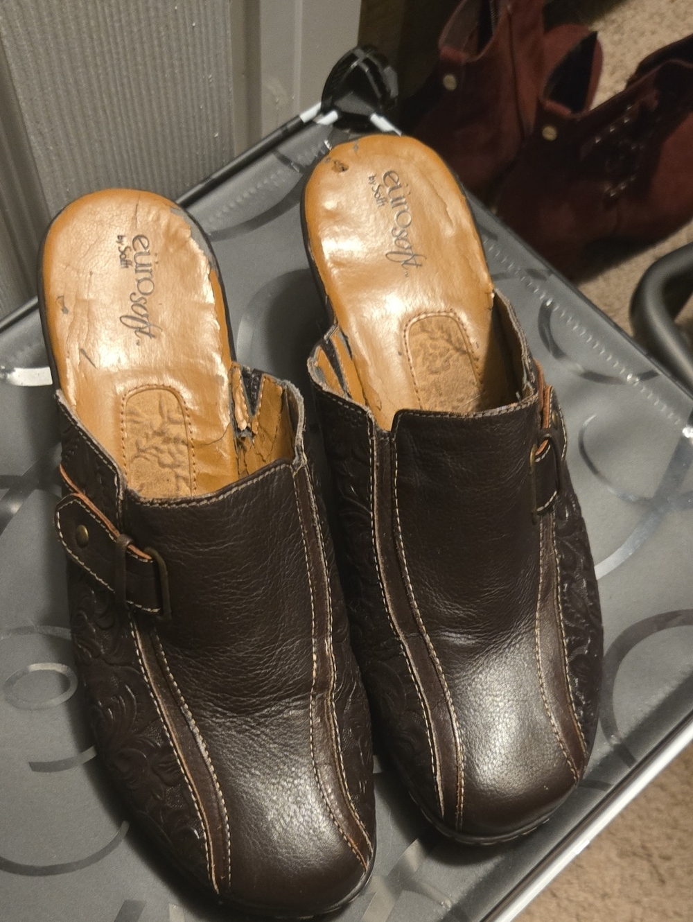 AEROSOLES Chocolate Brown Leather Buckle Clog Mules